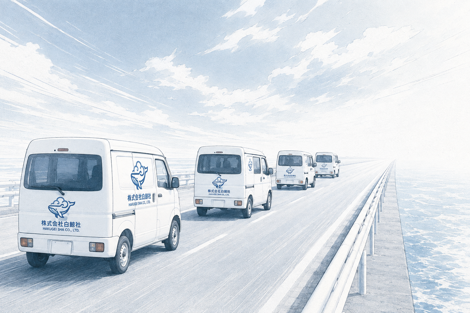 海沿いの道を進む株式会社白鯨社の車両隊列